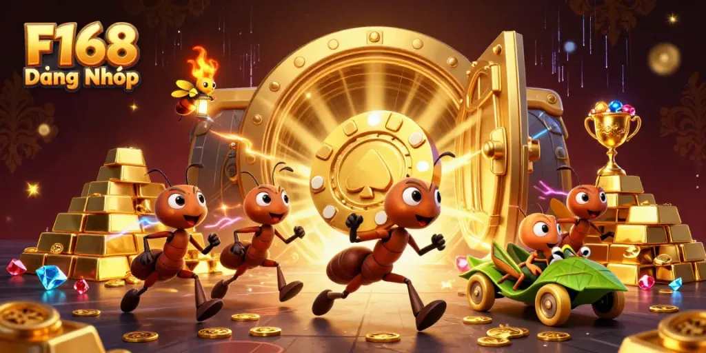 Celebrate F168 Đăng Nhập with a heist scene packed with gold chips and dynamic casino energy.