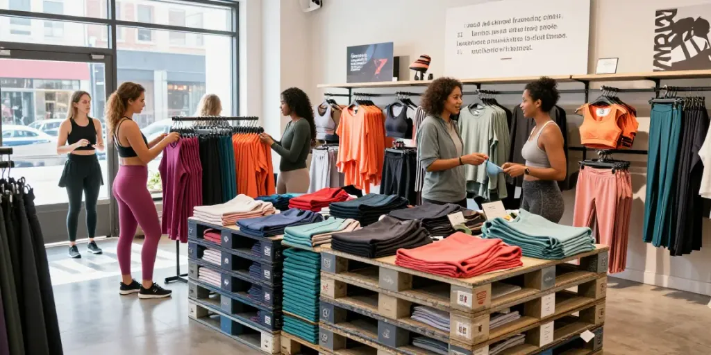 Lululemon liquidation pallets displayed in a vibrant athletic apparel boutique, featuring colorful leggings and sportswear.