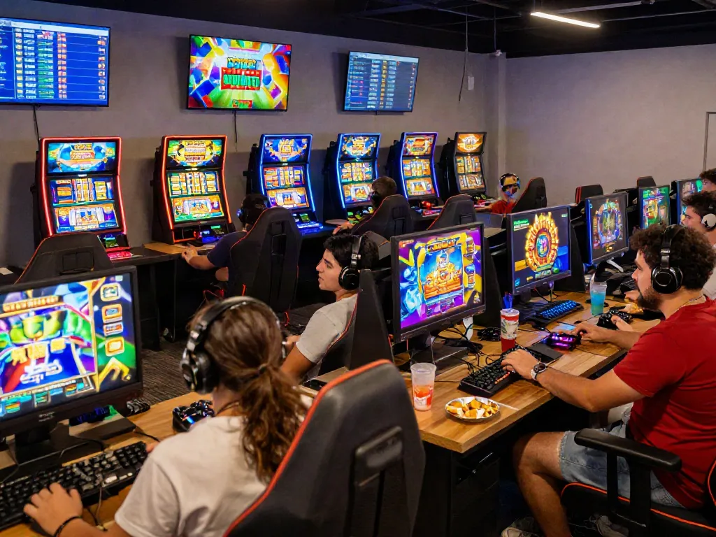 Players enjoying slot games in a vibrant gaming lounge atmosphere.