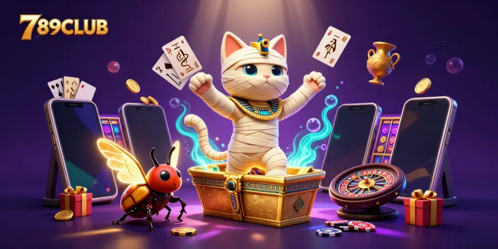 Win big at 789CLUB as the Egyptian mummy cat bursts from its sarcophagus in a vibrant casino setting.