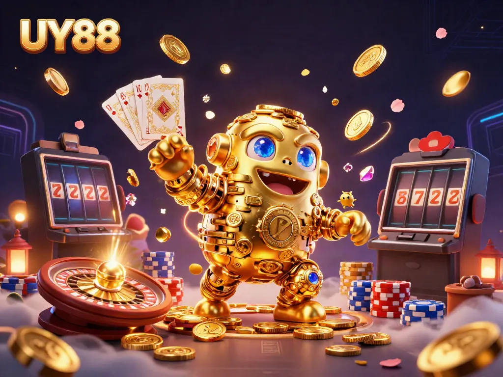 Experience exciting gaming adventures with UY88, featuring a golden golem and vibrant casino elements.