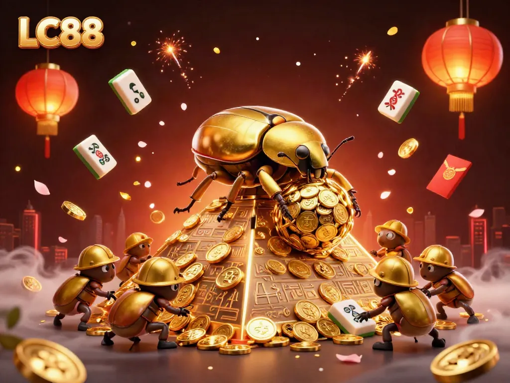 Experience the vibrant world of LC88 as a golden dung beetle rolls coins, surrounded by festive casino elements.