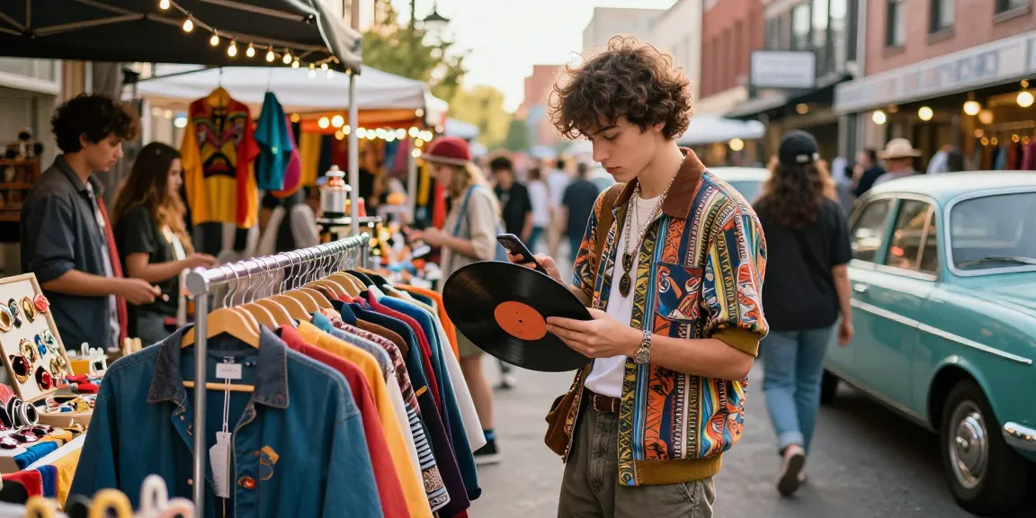 Trendy young adult exploring rokok88 vintage clothing in vibrant street market with eclectic styles.