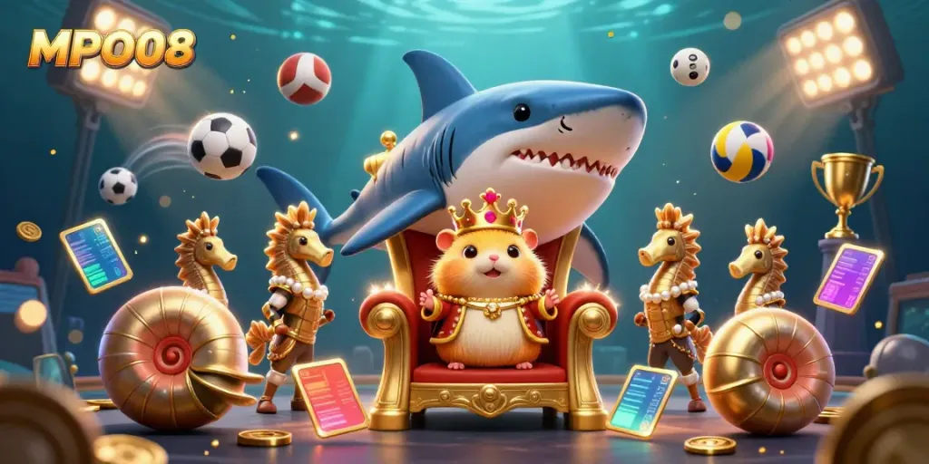MPO08 features a golden hamster king surrounded by sports balls, emphasizing energetic gambling action.