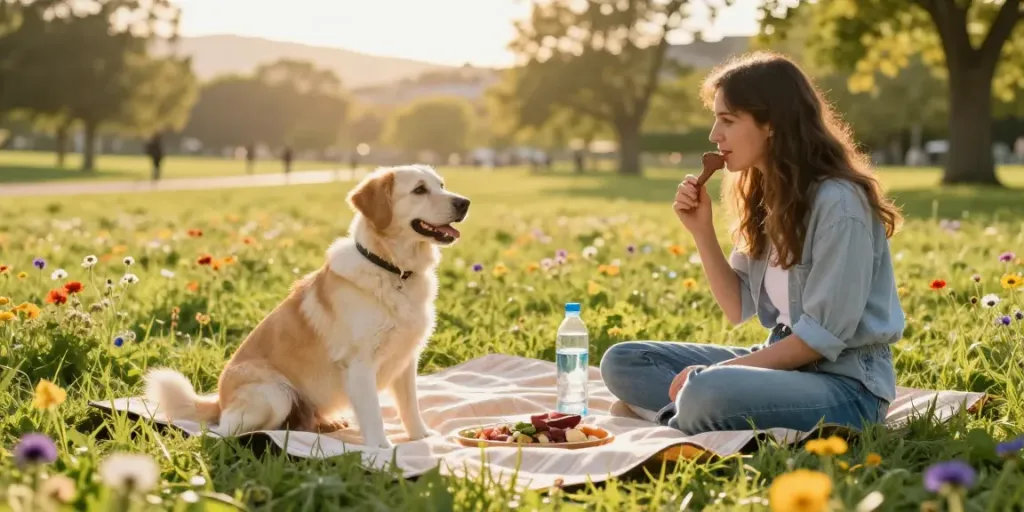 Calming Dog Treats being enjoyed by a happy dog in a sunny meadow with its owner.