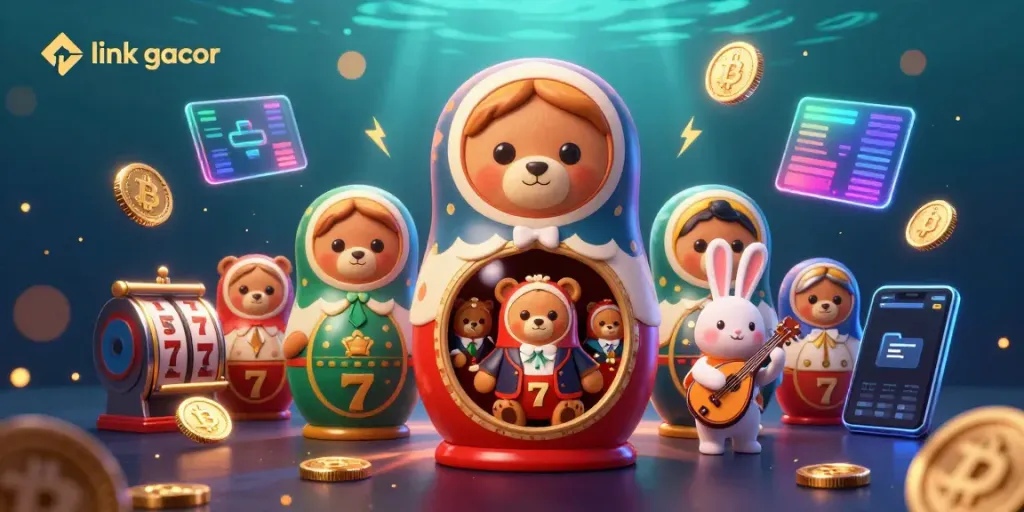 Engage with link gacor in a vibrant scene featuring cartoon bears, slot reels, and dynamic 3D crypto elements.