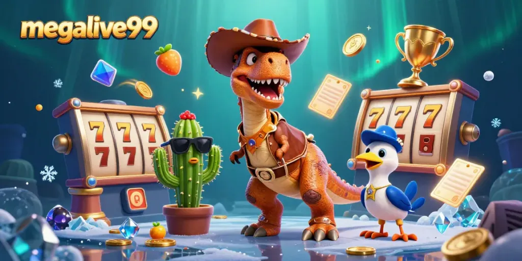 Megalive99 menghadirkan aksi seru dengan dinosaurus T-Rex dan simbol slot dalam ilustrasi 3D.