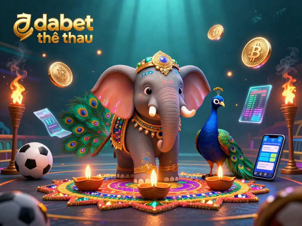 Dabet thể thao showcases vibrant 3D sports betting action with a golden elephant and colorful peacock in a rich casino setting.