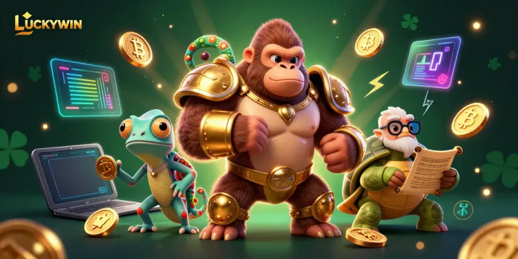 Engage in thrilling gaming with LUCKYWIN's vibrant 3D casino scene featuring playful characters and crypto elements.