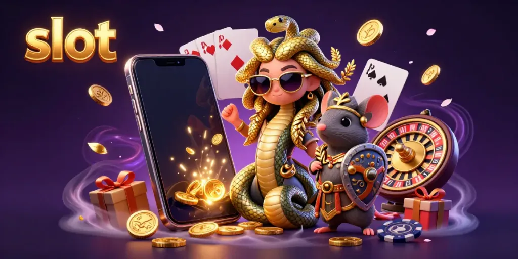 Experience vibrant slot action with Medusa and a warrior in a bustling casino scene.