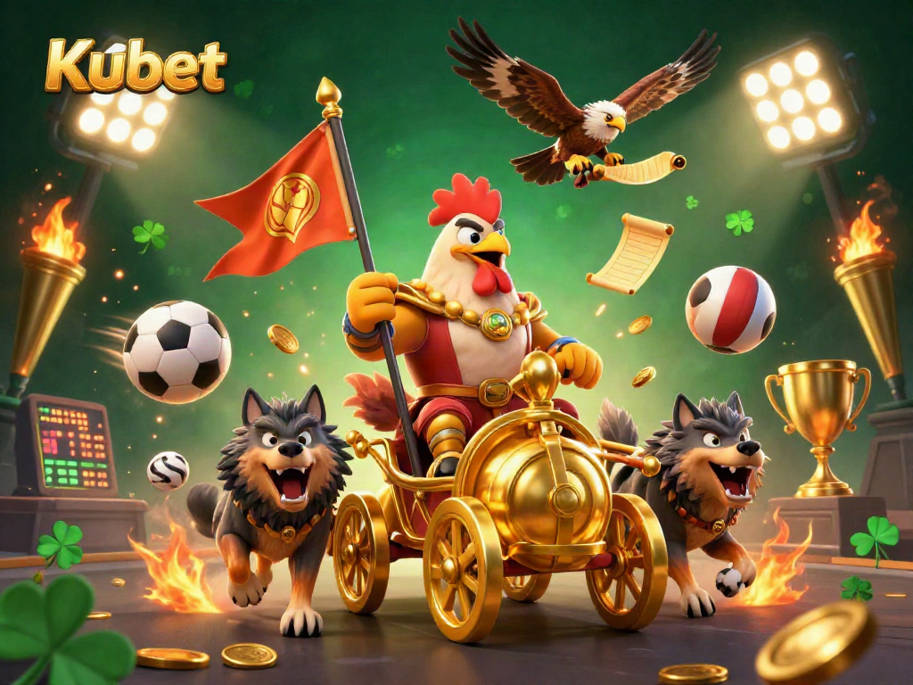 Kubet's cartoon rooster warlord leads a thrilling sports betting adventure with dynamic elements.