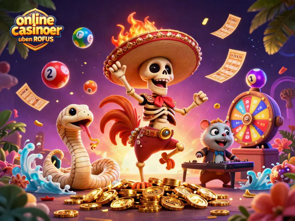Experience winning excitement of online casinoer uden ROFUS with vibrant characters and dynamic elements in this 3D illustration.