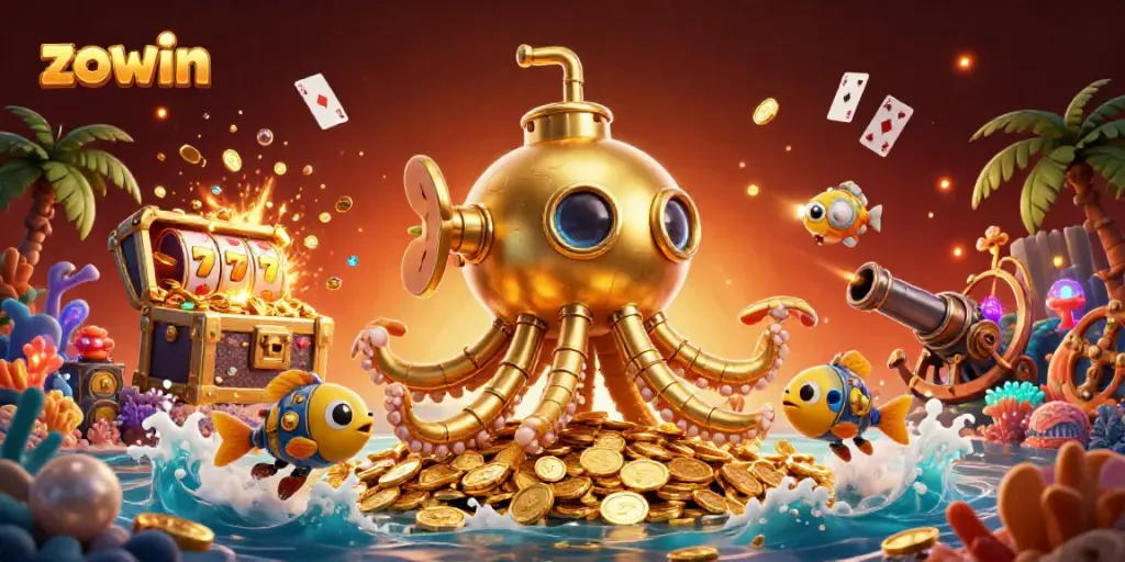 Zowin showcases a vibrant scene of an adventurous kraken submarine amidst slot reels, gold coins, and underwater treasures.