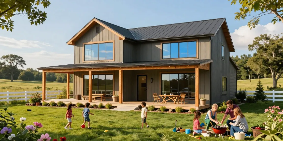 BM2500 barndominium design with family enjoying the outdoors in a scenic rural setting