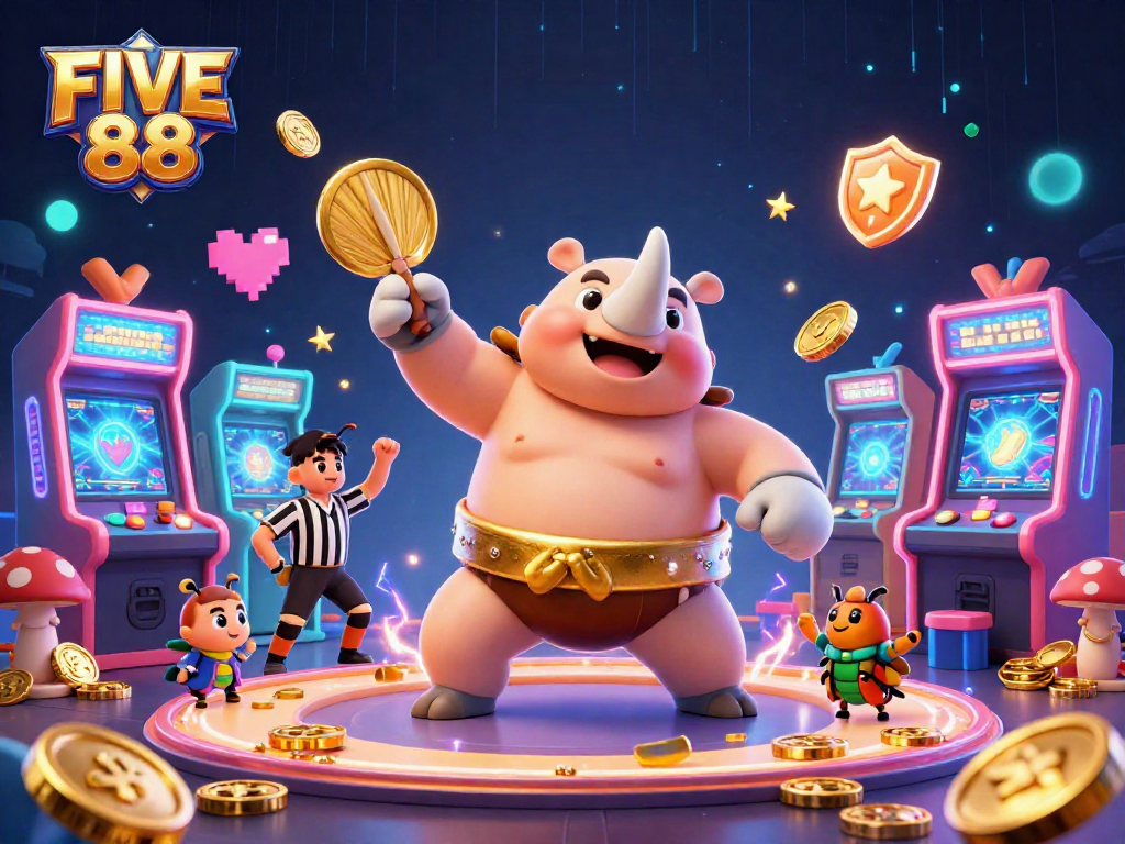 Immerse in the exciting world of FIVE 88 with a dynamic 3D scene of beetles and golden coins.