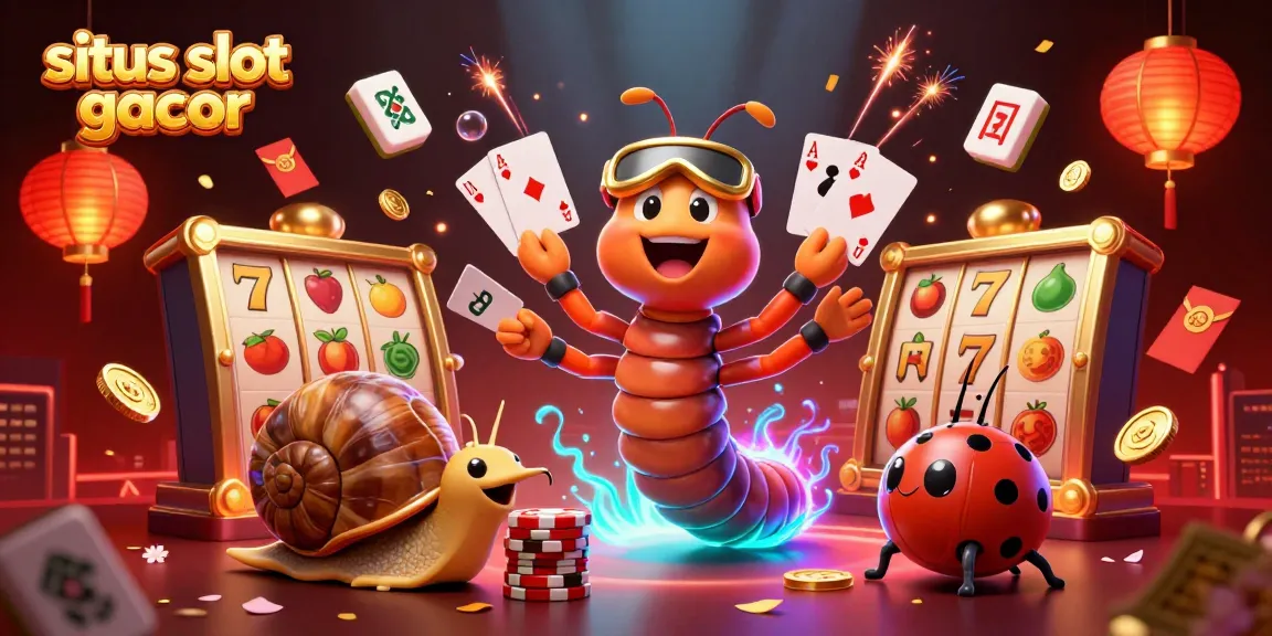 Situs slot gacor scene showcasing a millipede dealer and high-roller snail amidst vibrant casino elements.