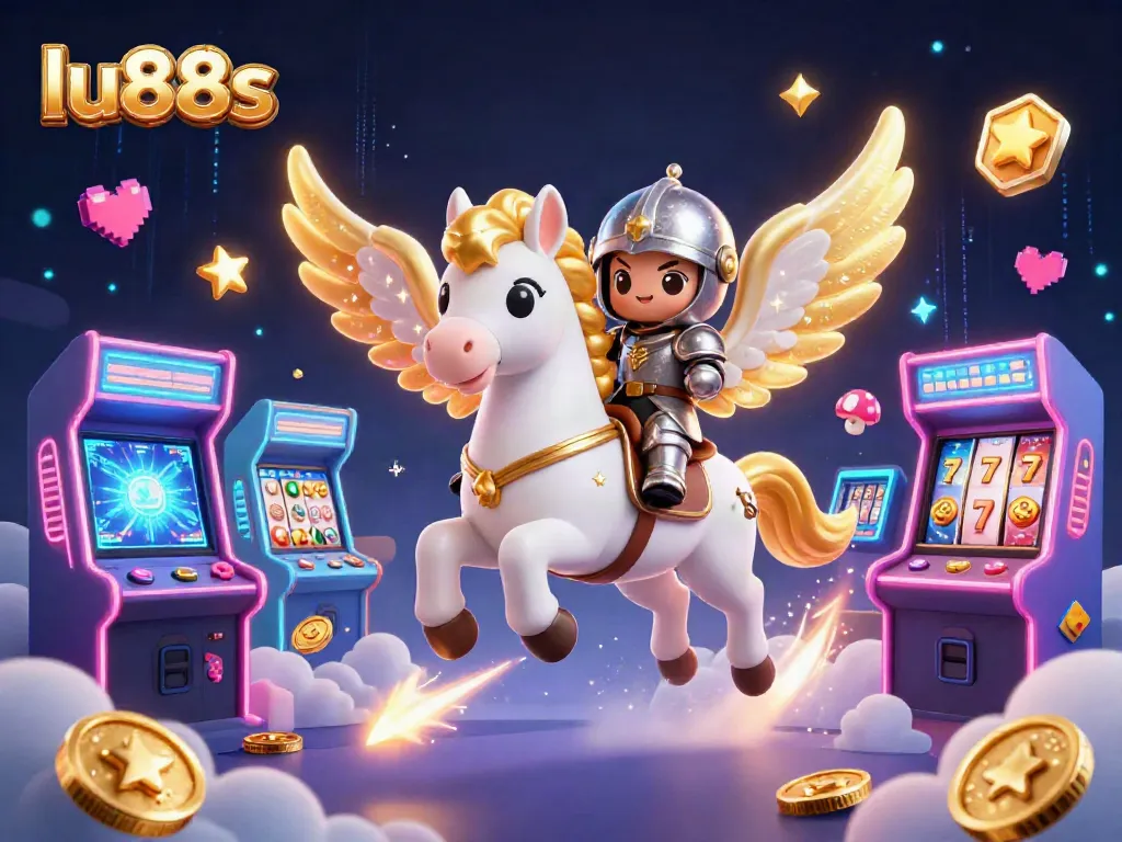 Experience the excitement of lu88s with a celestial knight among casino games and vibrant visuals.
