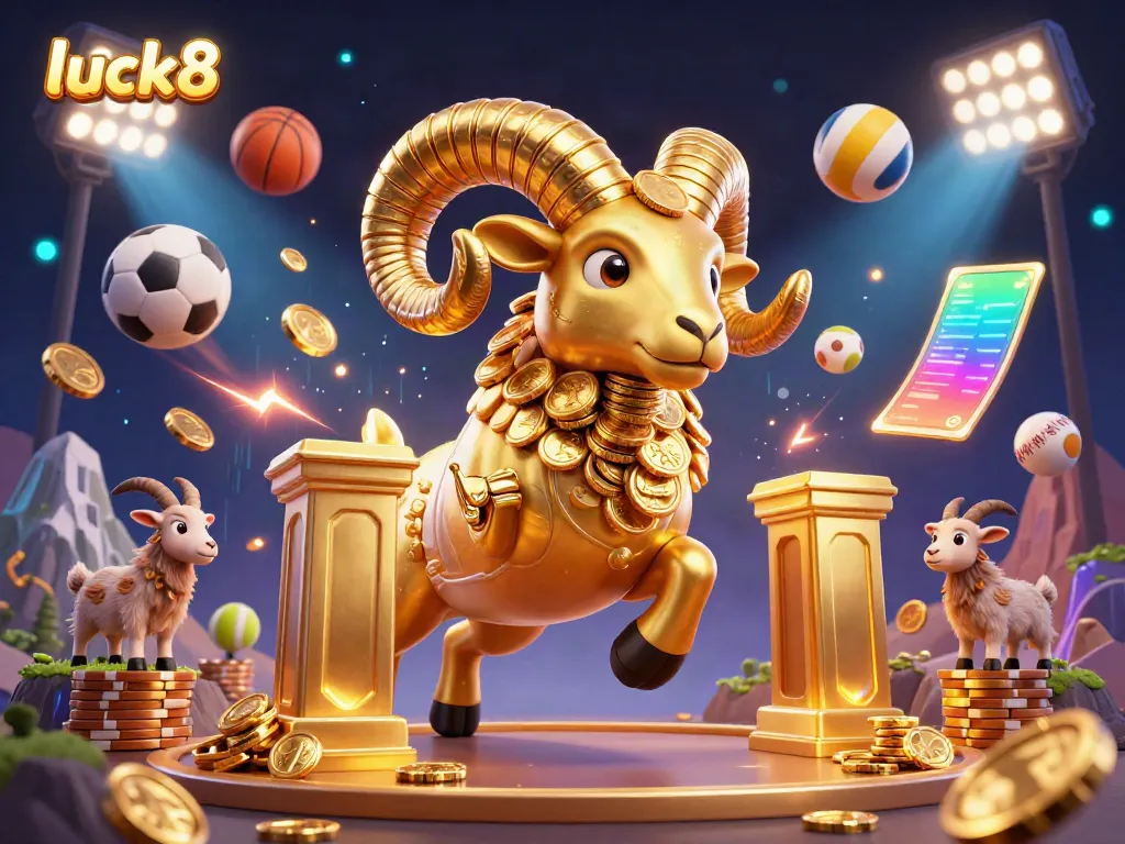 Experience the excitement at luck8 with a vibrant illustration of a massive golden ram charging through a casino scene.