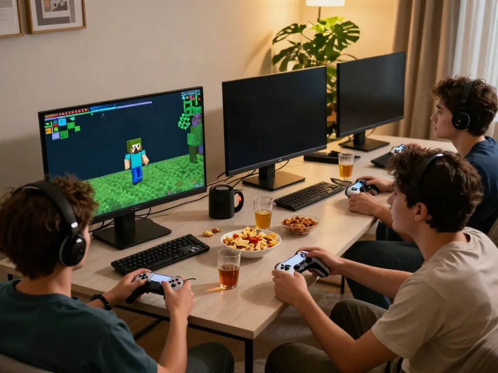 Friends enjoying Minecraft servers in a cozy gaming setup with snacks and controllers.