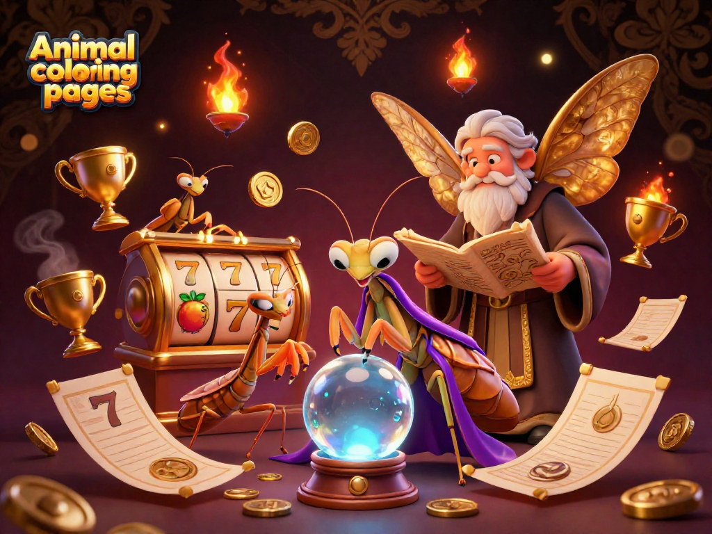 Engage with vibrant Animal coloring pages with a fortune teller and librarian amidst dynamic casino elements.