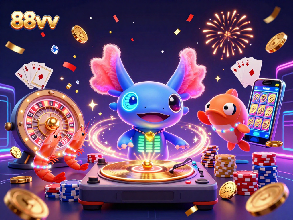 Experience the excitement at 88vv with a vibrant casino scene featuring a DJ axolotl and colorful gaming elements.