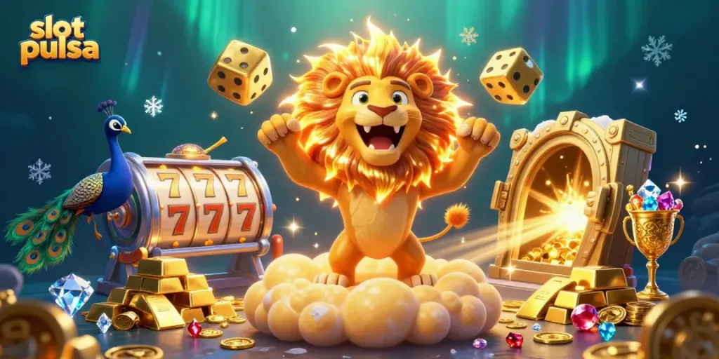 Engage with slot pulsa themed illustration showcasing vibrant characters and casino elements.