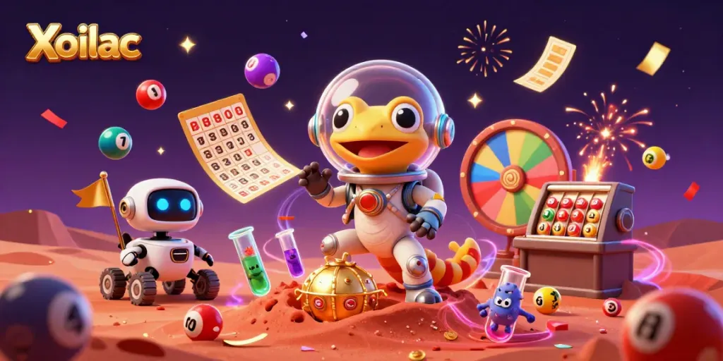 Xoilac's cartoon Martian gecko explores a golden casino with cheerful bacteria in a thrilling animated scene.