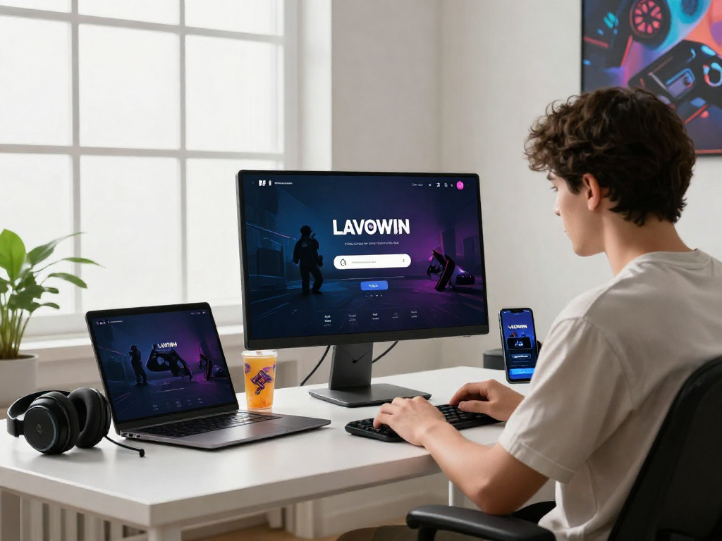 User accessing LAVOWIN login page on desktop with gaming elements in a modern workspace.