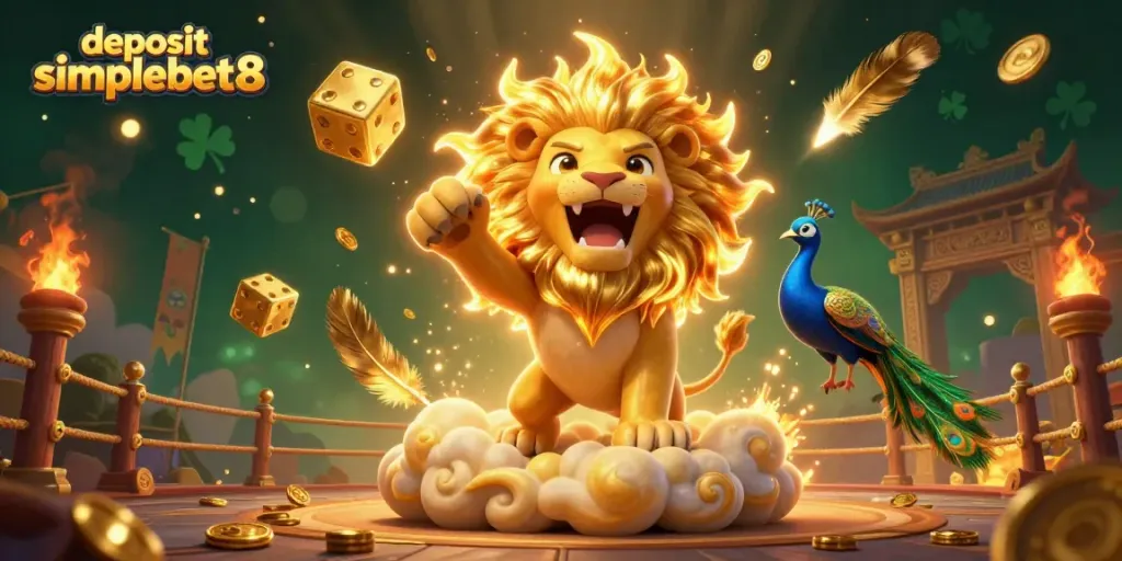 Experience the thrill of winning with deposit simplebet8 in this vibrant casino scene featuring golden dice and a roaring lion.