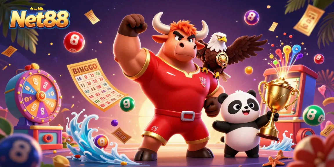 Win big at Net88 with dynamic gaming elements and vibrant characters celebrating victory.