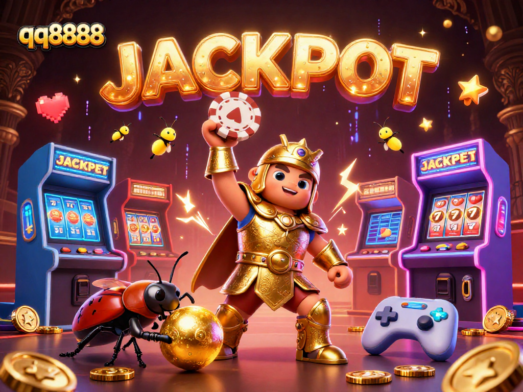 Experience thrilling wins with qq8888, featuring a heroic beetle and vibrant casino elements.