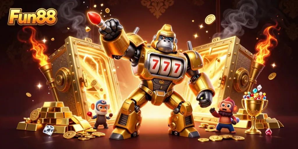 Experience Fun88's excitement with a dynamic golden gorilla mech and treasure elements in a vibrant casino scene.
