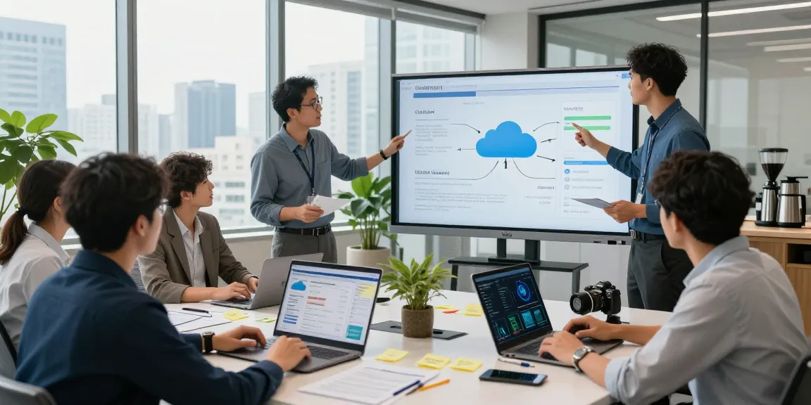 Cloud companies in India collaborating in a modern office, showcasing innovative cloud solutions and teamwork.