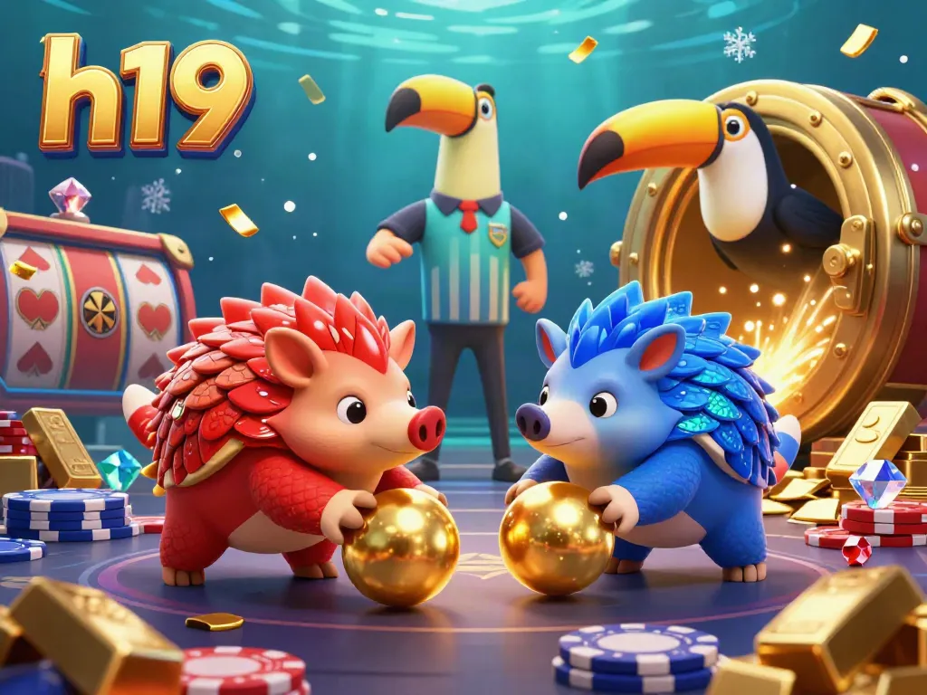Engage in exhilarating games at H19, where rival pangolins compete amidst golden treasures and vibrant casino action.
