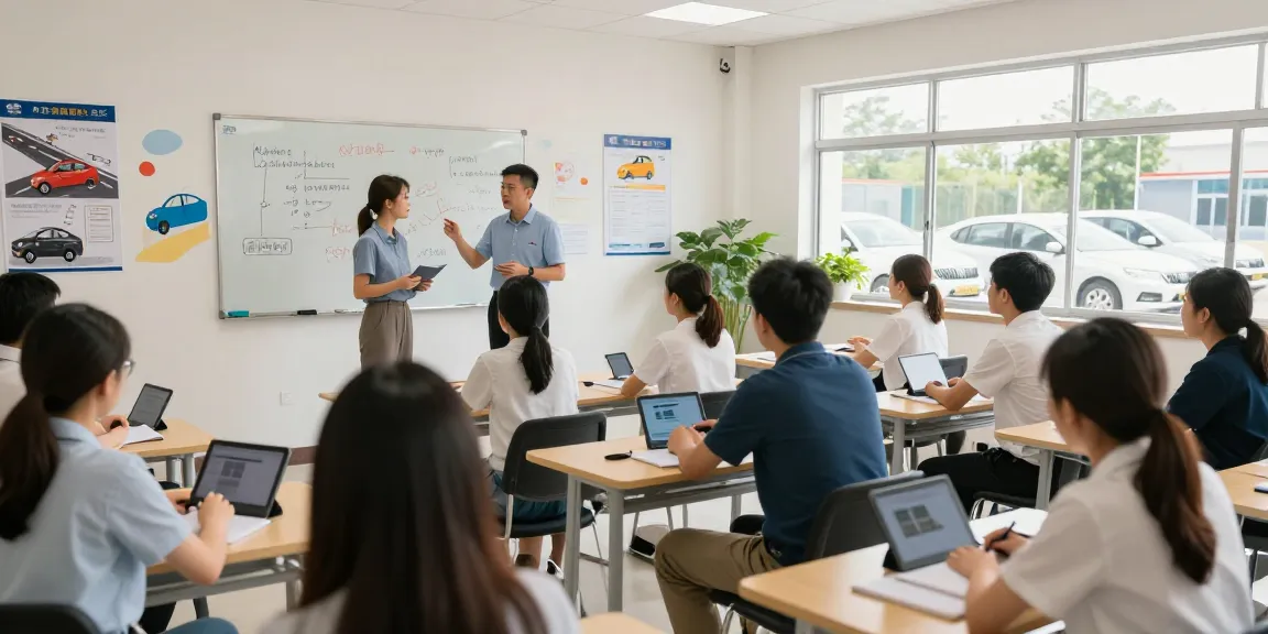 Driving school classroom with students and instructors discussing theory in a bright environment at scoala auto.