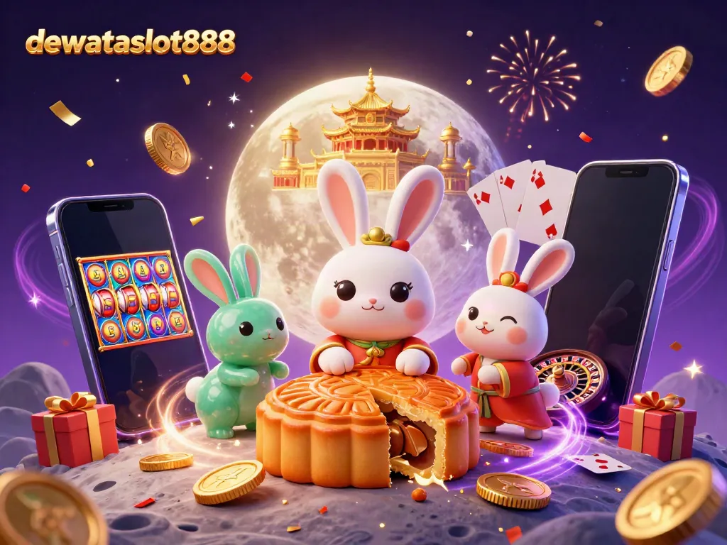 Ilustrasi ceria dewataslot888 dengan tema keceriaan kasino dan karakter unik di bulan.