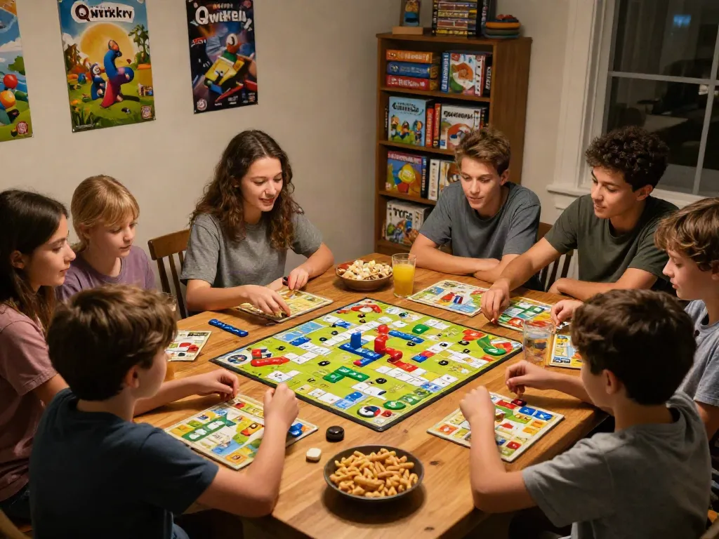 Family playing board games like Qwirkle and Ticket to Ride in a cozy game room.