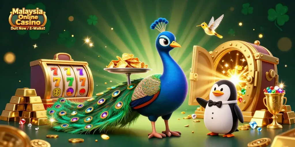 Engage with Malaysia Online Casino Duit Now / E-Wallet through vibrant 3D imagery featuring a peacock, a butler penguin, and dynamic casino elements.