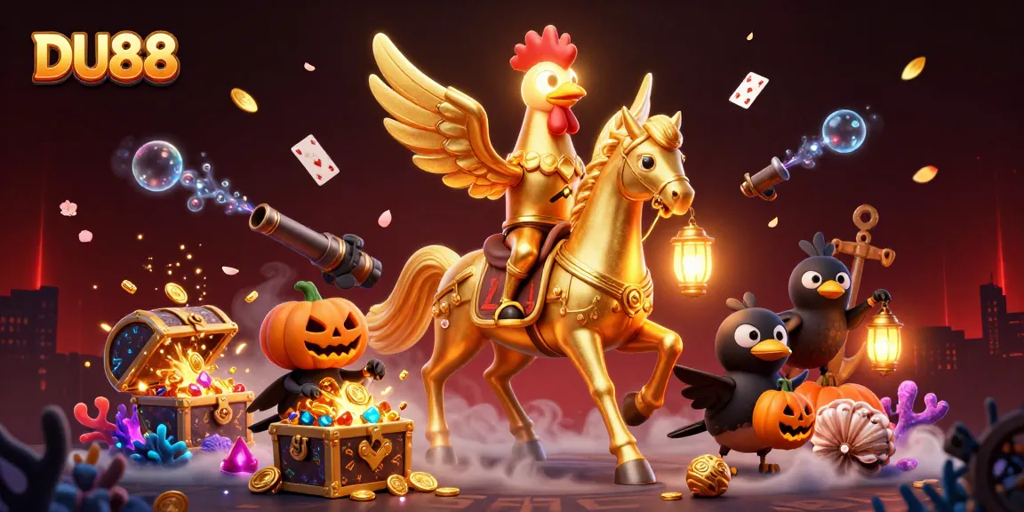 Win big with DU88 in a vibrant casino scene featuring a golden rooster and treasures.