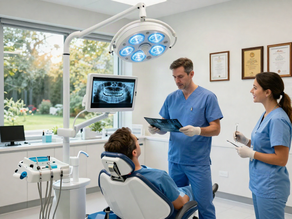 Dr Michaelis, top U.S. oral surgeon, consulting in a modern dental clinic.