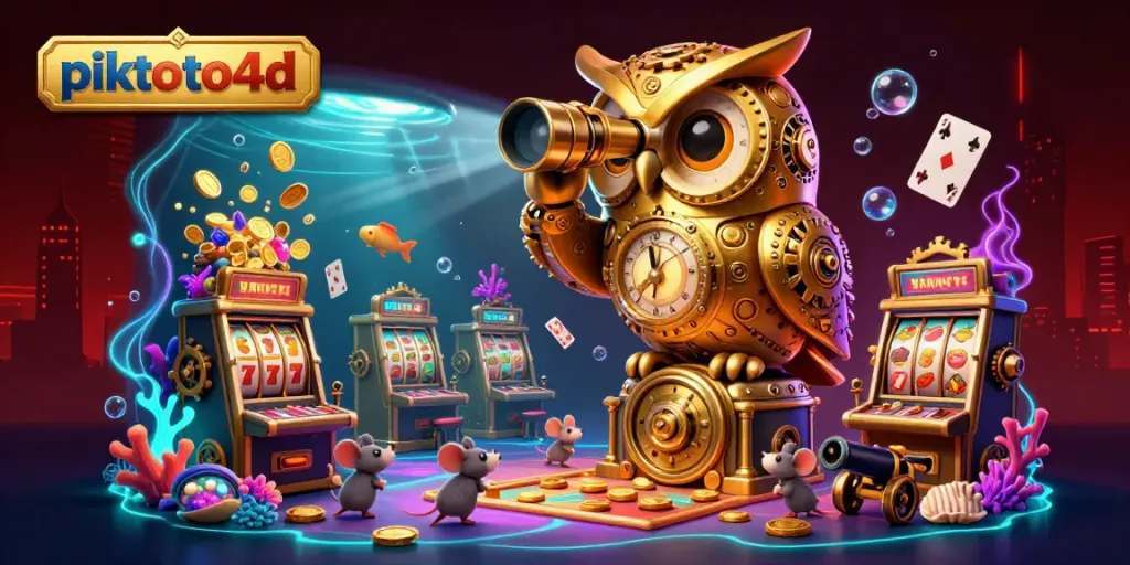 Engage with piktoto4d to discover a vibrant casino atmosphere featuring a golden owl scanning the floor surrounded by lucky slot machines.