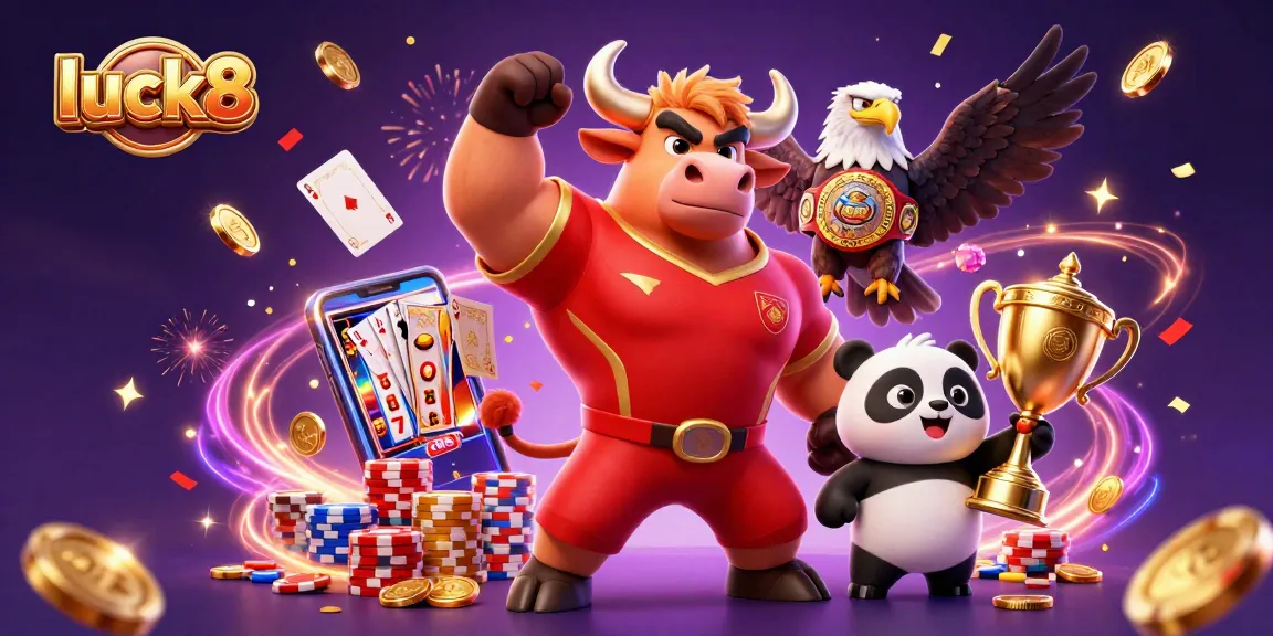Experience excitement with luck8's vibrant casino scene featuring characters celebrating big wins.