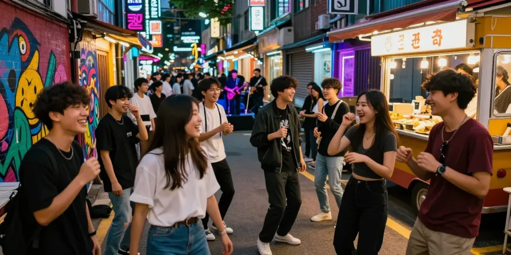 홍대오피의 젊은 고객들을 위한 화려한 야경과 스트리트 아트를 표현한 장면