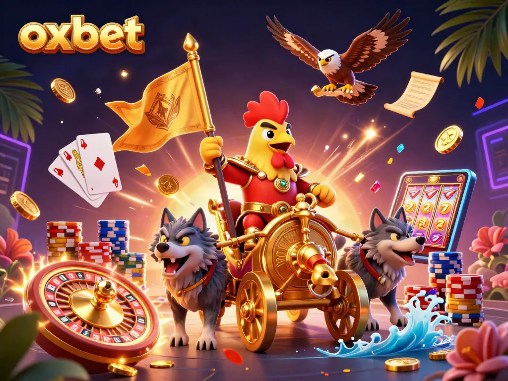 Experience the excitement of oxbet with a vibrant 3D gambling scene featuring a rooster warlord and games.