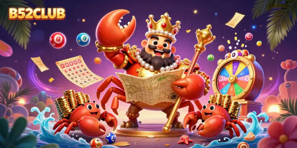 B52CLUB's captivating 3D illustration featuring a golden crab emperor amidst vibrant lottery elements.