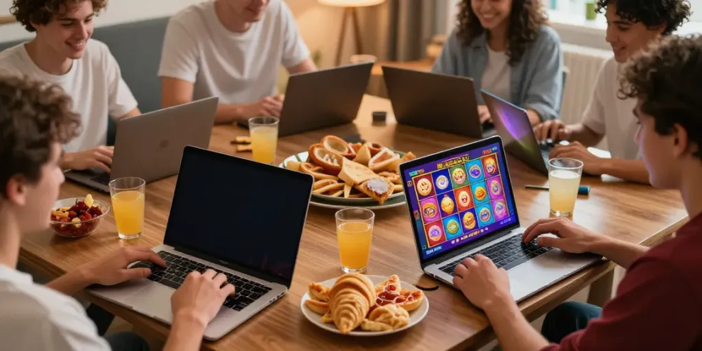 Players enjoying online slot games on various devices in a cozy living room, highlighting server thailand's gaming experience.