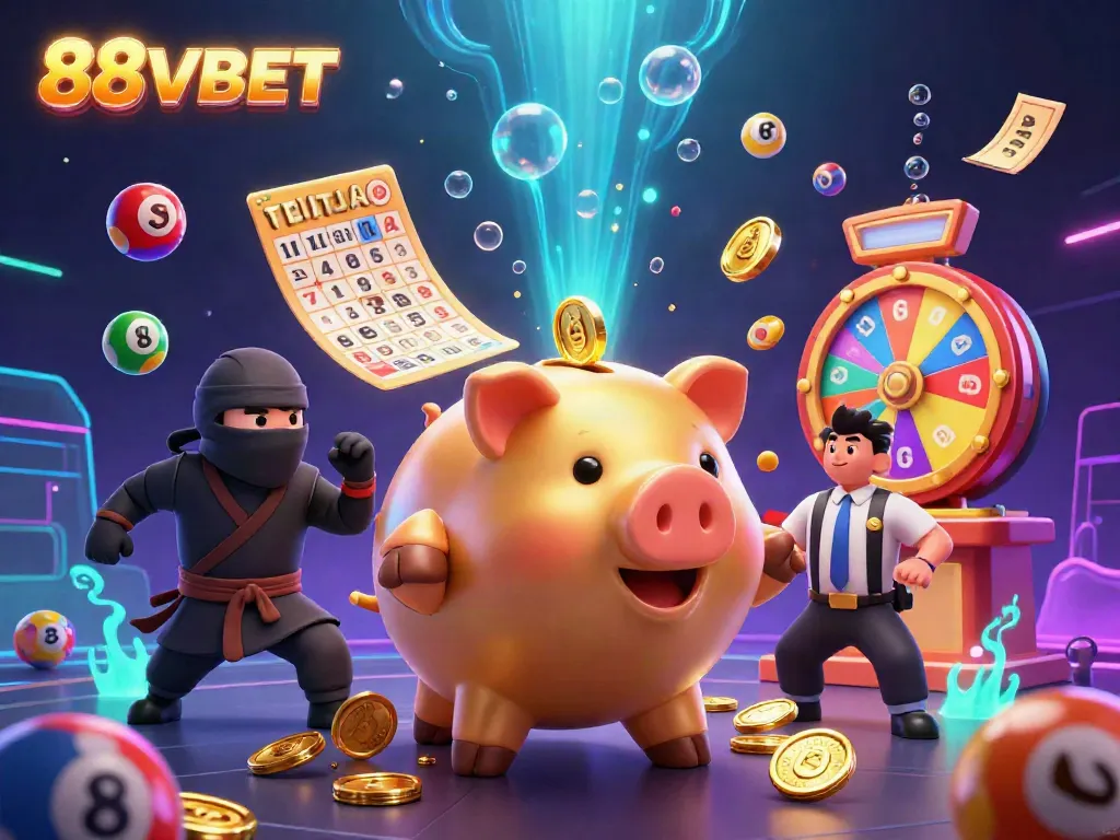 88VBET showcases a lively 3D scene with a golden piggy bank sumo wrestler amidst dynamic casino elements.