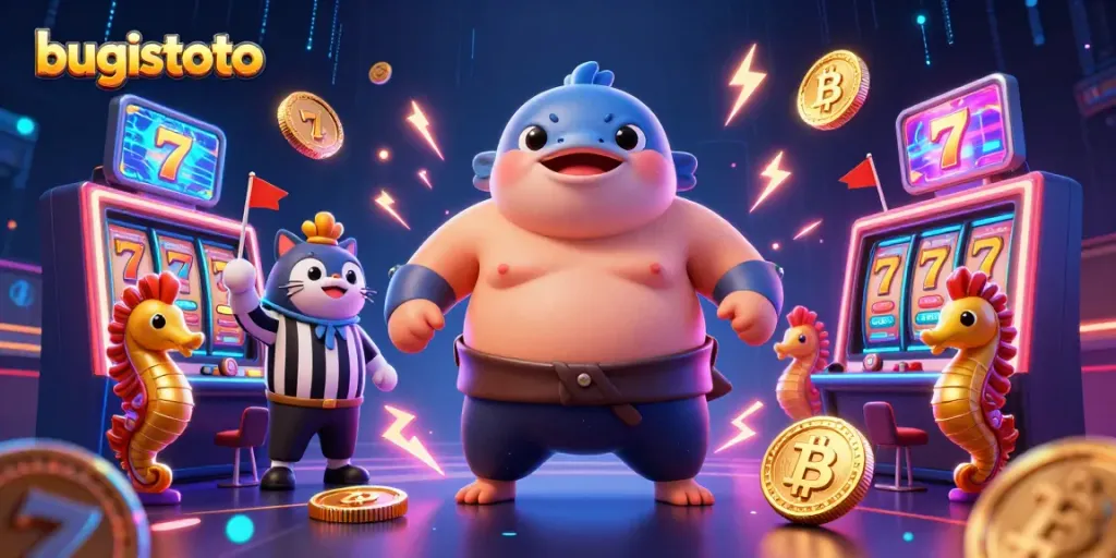 Experience the thrill of bugistoto with a vibrant casino scene featuring a cartoon fugu and other colorful characters.