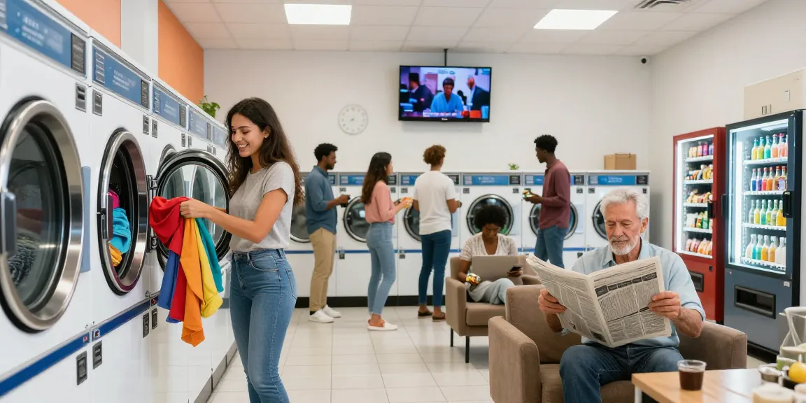 Customers engaging in laundry activities at a bright and inviting laundromat, illustrating why is a laundromat profitable.
