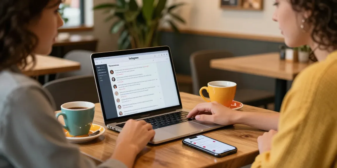 Engaging scene of a digital marketer getting comments on Instagram while working in a stylish café.